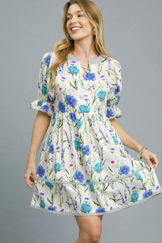 Gracie Blue Floral Babydoll Mini Dress Puff Sleeve Tiered