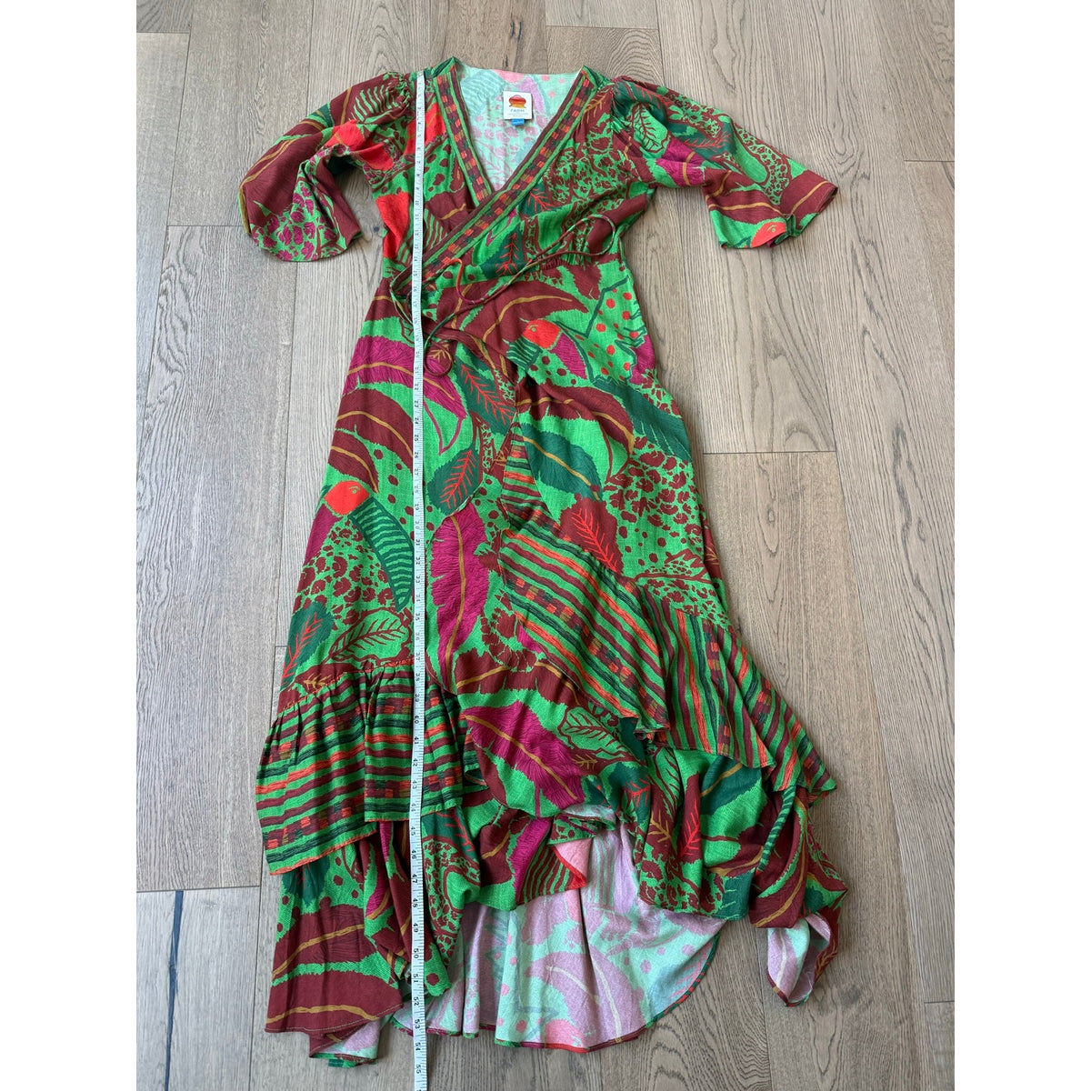 FARM Rio Vibrant Tropical Print Wrap Maxi Dress with Ruffles S