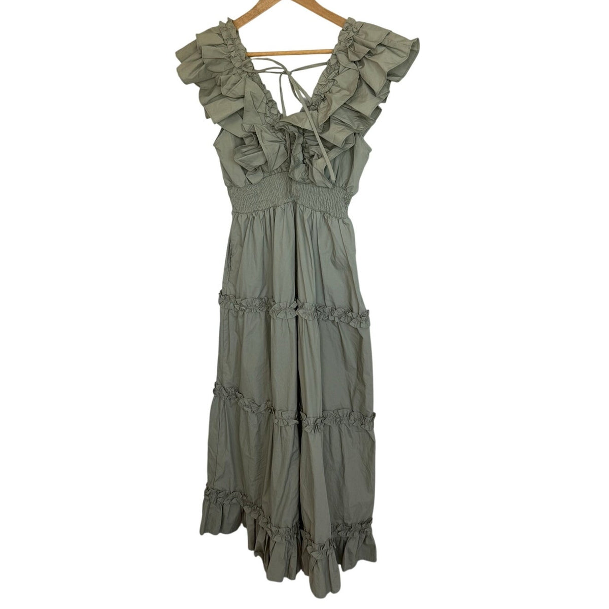 En Saison Sage Green Ruffled Tiered Cotton Maxi Dress M