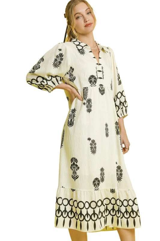 Cora Dress - Black and Cream Boho Print Midi Dress with Puff Sleeves – Neutral Tiered Ruffle Hem Dress - Mindy's Boutique