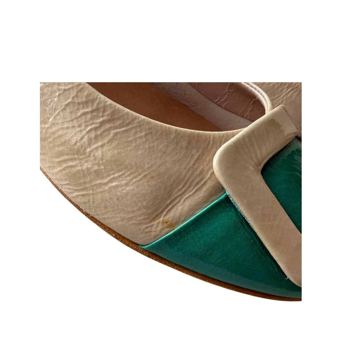 Sesto Meucci Made in Italy Patent Leather Colorblock Flats in Beige & Emerald 7M