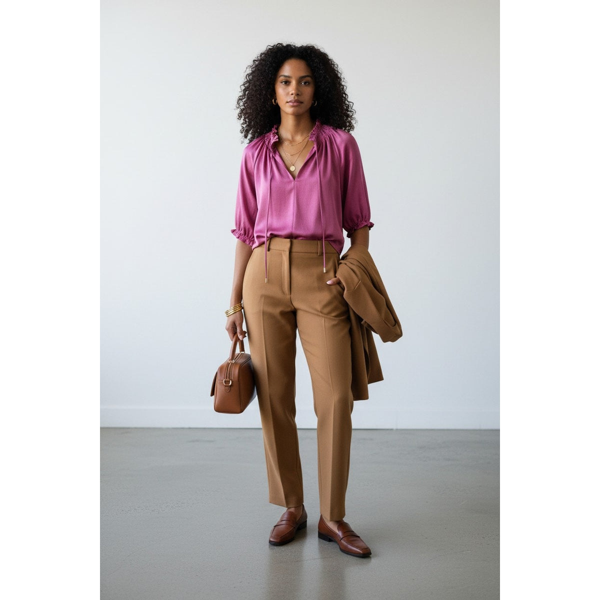 Bishop + Young Pink Satin Blouse Ruffle Neck Size XS