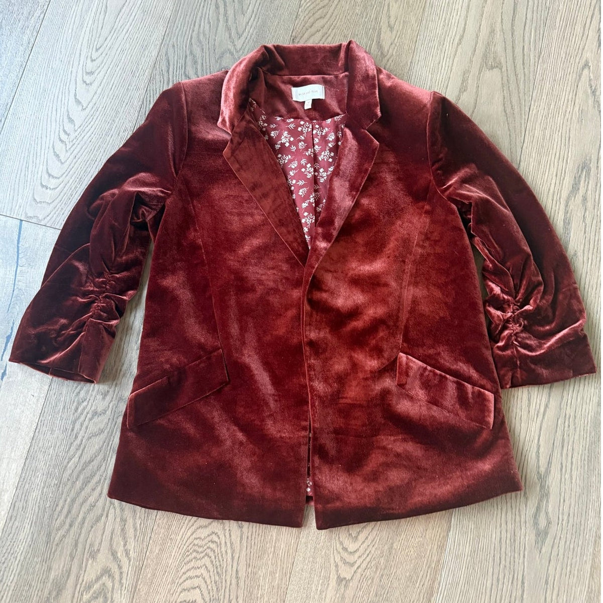 Skies Are Blue Rust Red Velvet Blazer 3/4 length sleeve with Floral Lining M