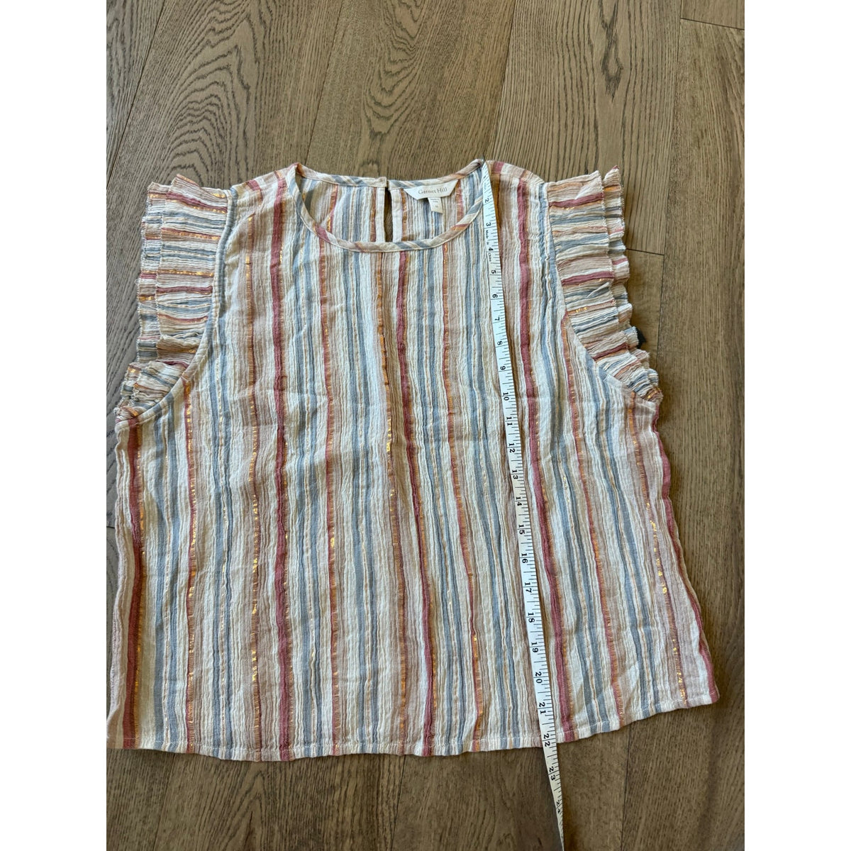 Garnet Hill Pastel Striped Ruffle Sleeve Top with Gold Lurex Detail M