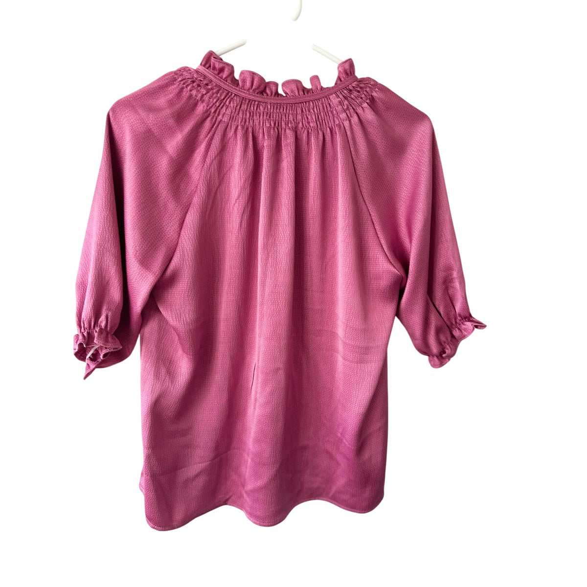 Bishop + Young Pink Satin Blouse Ruffle Neck Size XS