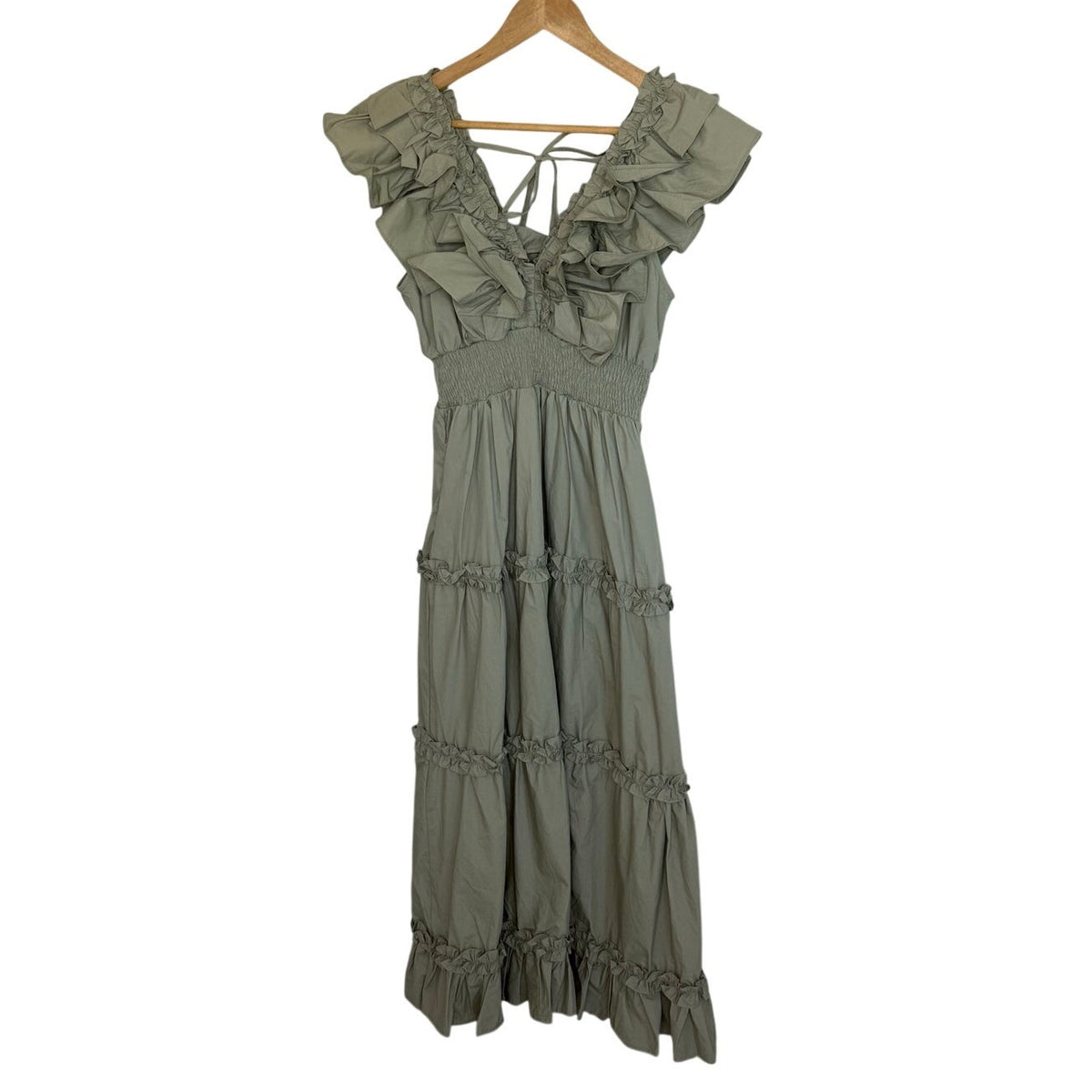 En Saison Sage Green Ruffled Tiered Cotton Maxi Dress M