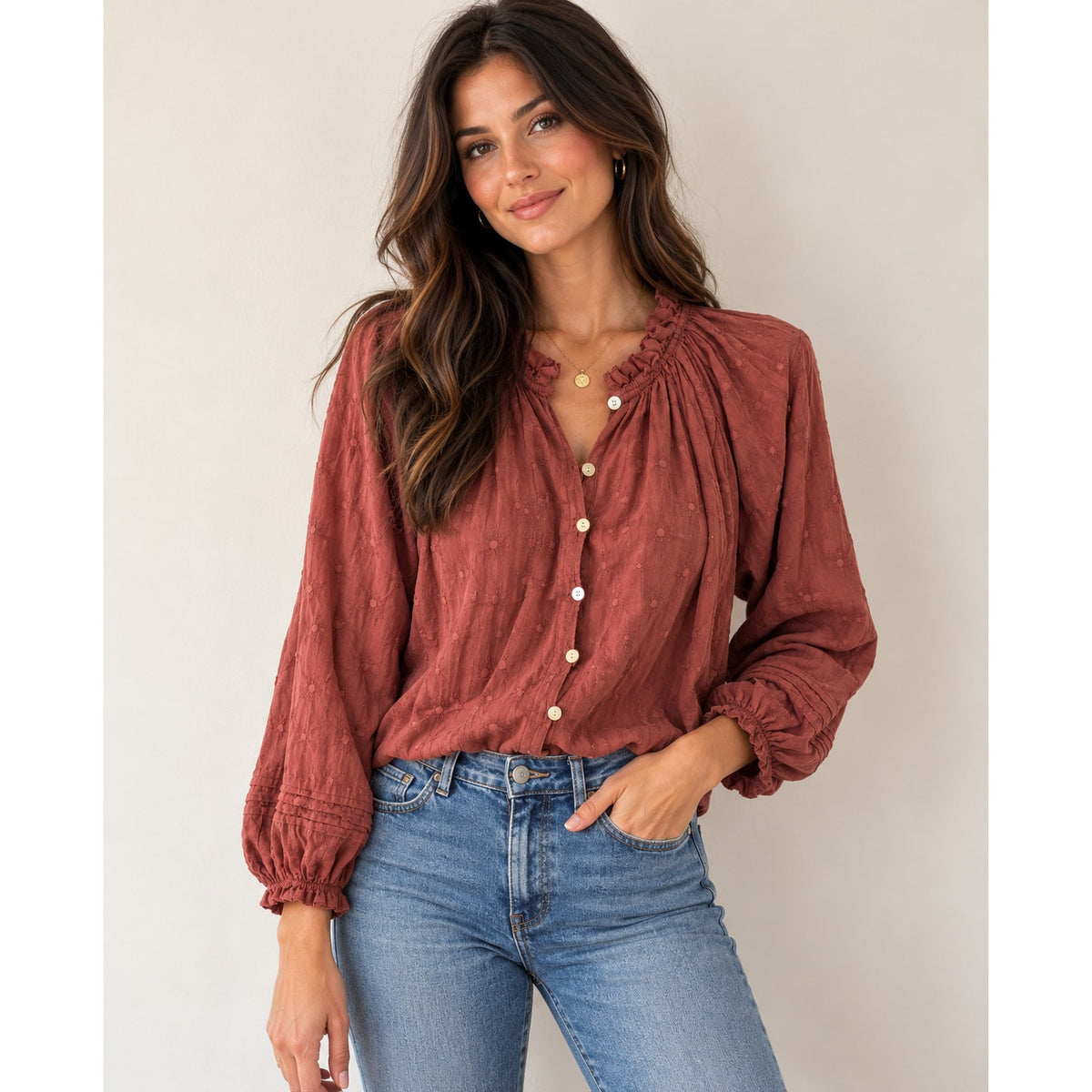 Cleobella Rust Eyelet Ruffle Collar Button-Front Blouse M