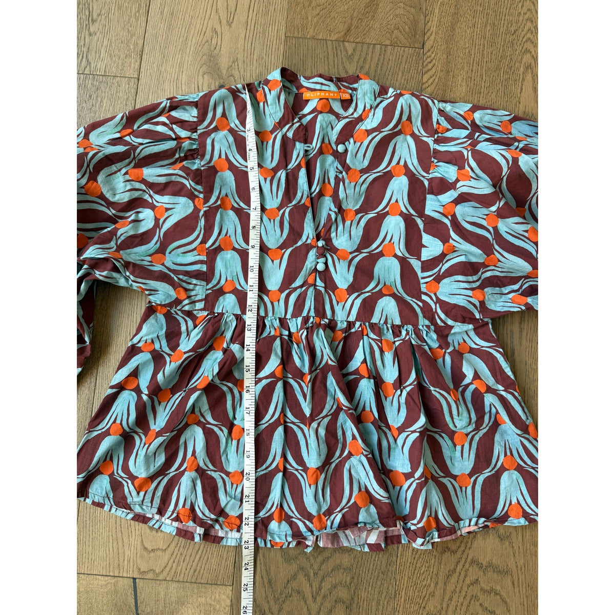 Oliphant Blue and Orange Floral Puff Sleeve Peplum Top XS