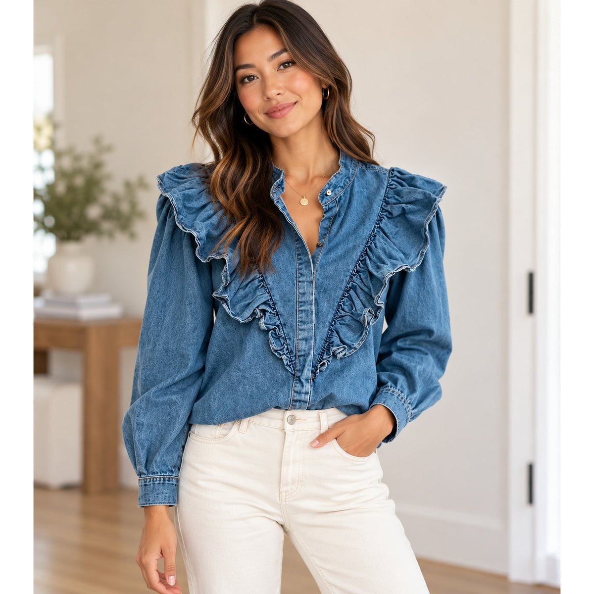 Olivaceous NWT Denim Ruffle V-Neck Long Sleeve Blouse M