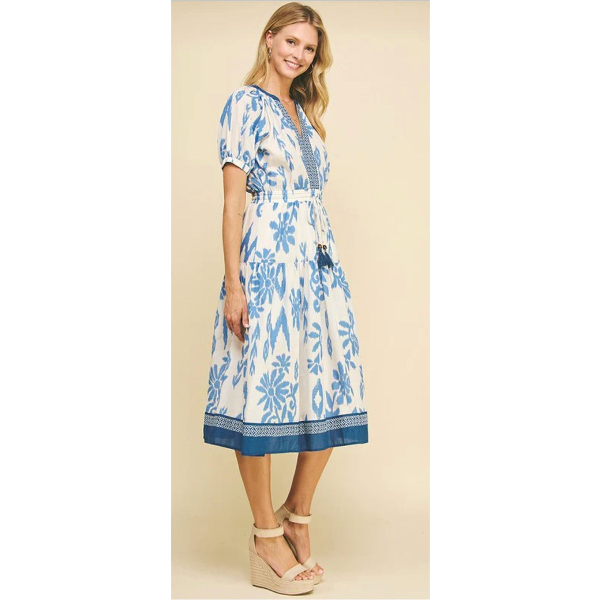 Pinch Coastal Comfort Blue White Floral Ikat Midi Dress Tassel Waist