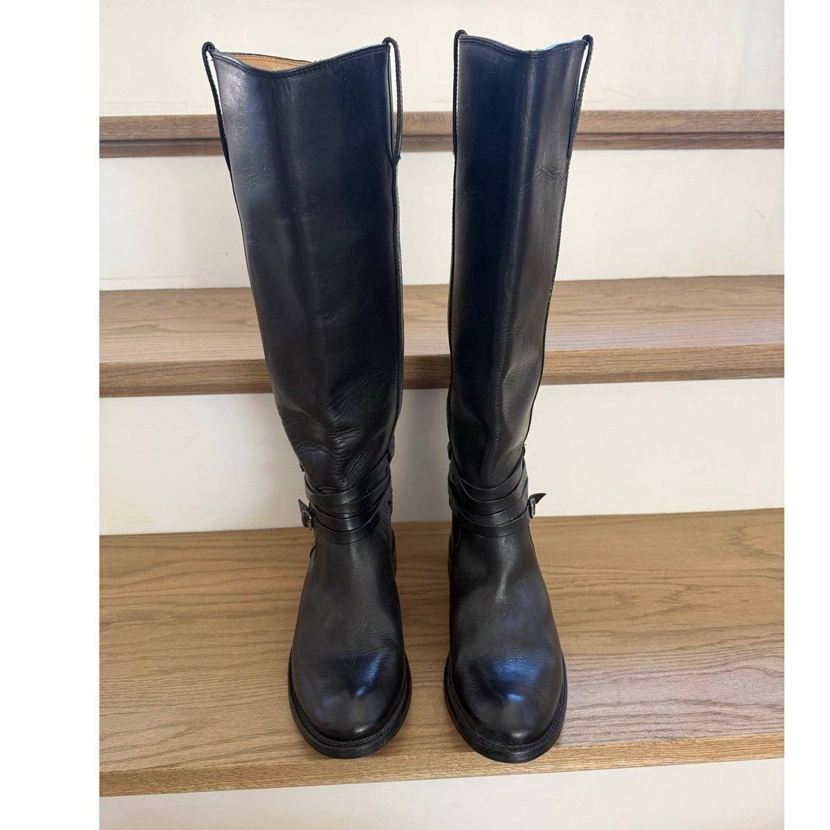 Frye Jane Strappy Black Leather Tall Riding Boots 8