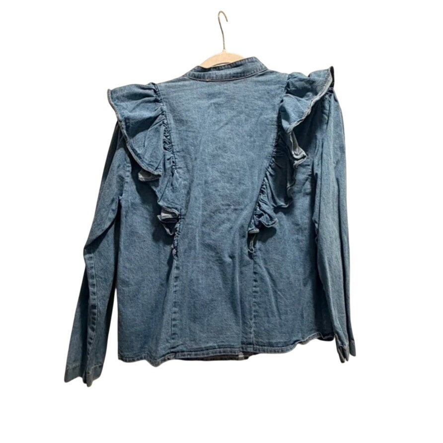 Olivaceous NWT Denim Ruffle V-Neck Long Sleeve Blouse M