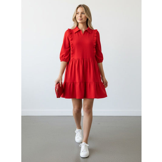 Umgee Red Babydoll Mini Dress Ruffle Collar Cotton - Mindy's Boutique