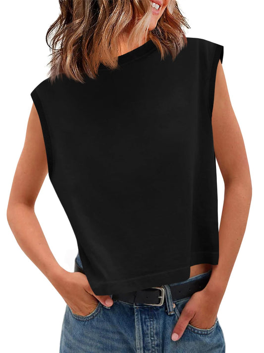 This top isn't as Cropped as the picture shows.  It has perfect Cap Sleeves and hits just at waist level.  Arm hole doesn't show bra!