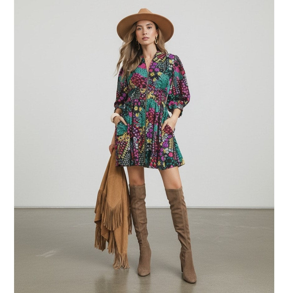 Boho Floral Zip Front Mini Dress Smocked Waist Fall Black Multi