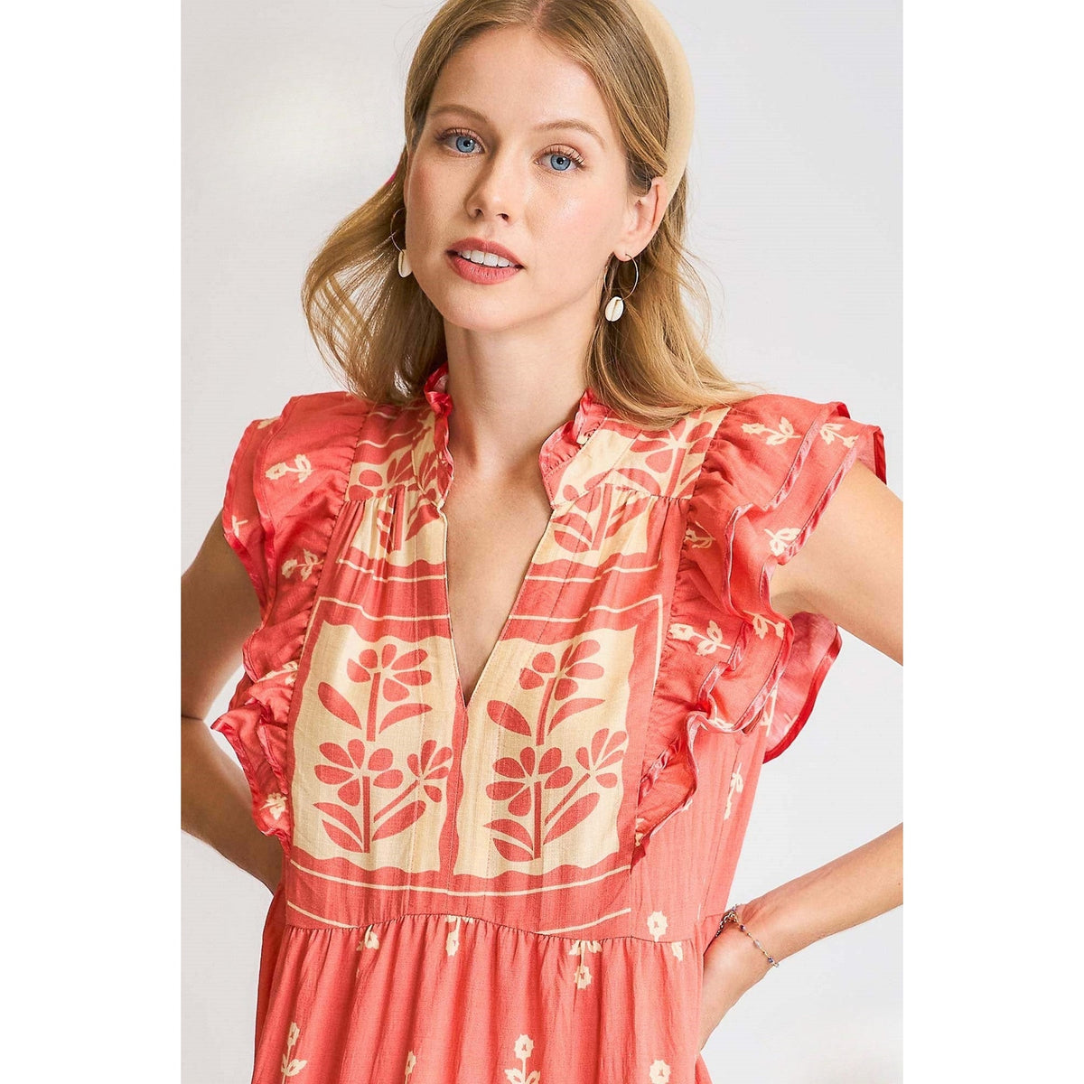 Umgee Juniper Coral Floral Tiered Boho Midi Dress - Mindy's Boutique