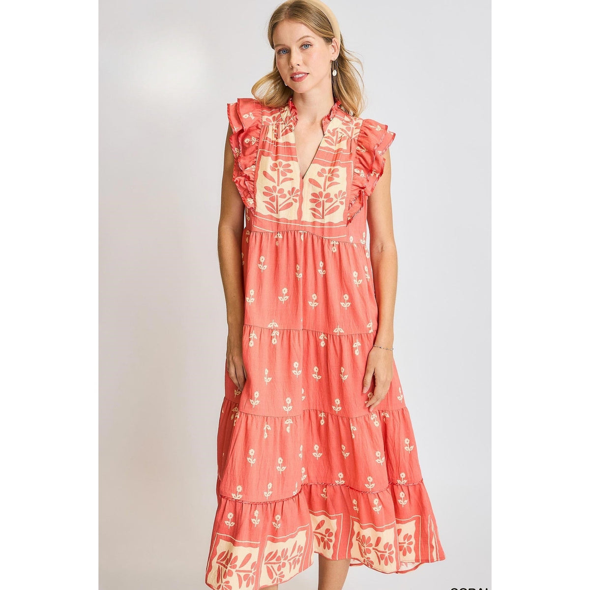Umgee Juniper Coral Floral Tiered Boho Midi Dress - Mindy's Boutique