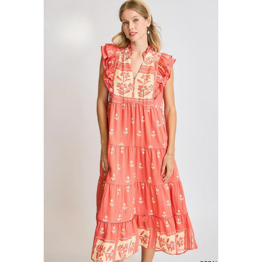 Umgee Juniper Coral Floral Tiered Boho Midi Dress - Mindy's Boutique