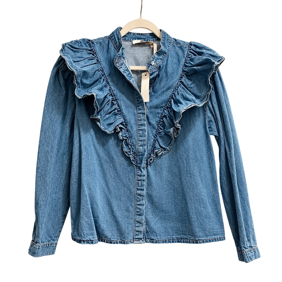 Olivaceous NWT Denim Ruffle V-Neck Long Sleeve Blouse M