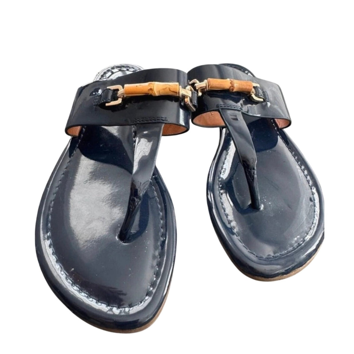 J. McLaughlin Navy Blue Patent Leather Bamboo Thong Sandals 7M - Mindy's Boutique