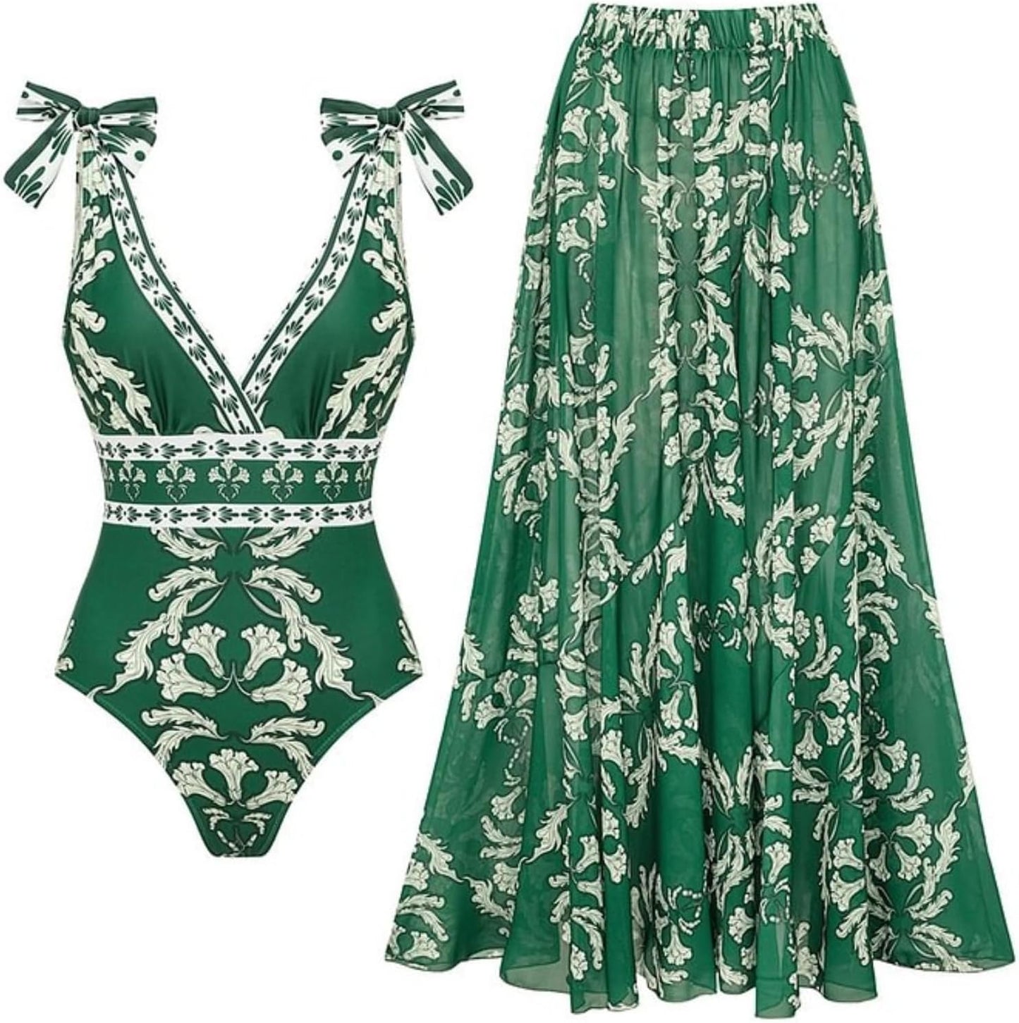 Green and white floral swimsuit and long skirt set on a white background