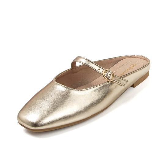 Women's Leather Dress Mules Flats Backless Gold Slip On Shoes for Women Closed Square Toe Comfortable Casual Mary Jane Flat Mules with Strap
