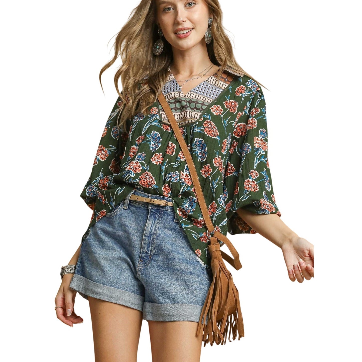 Tiffany Boho Floral Border Print Blouse Long Balloon Sleeve V-Neck Palm Green Toop