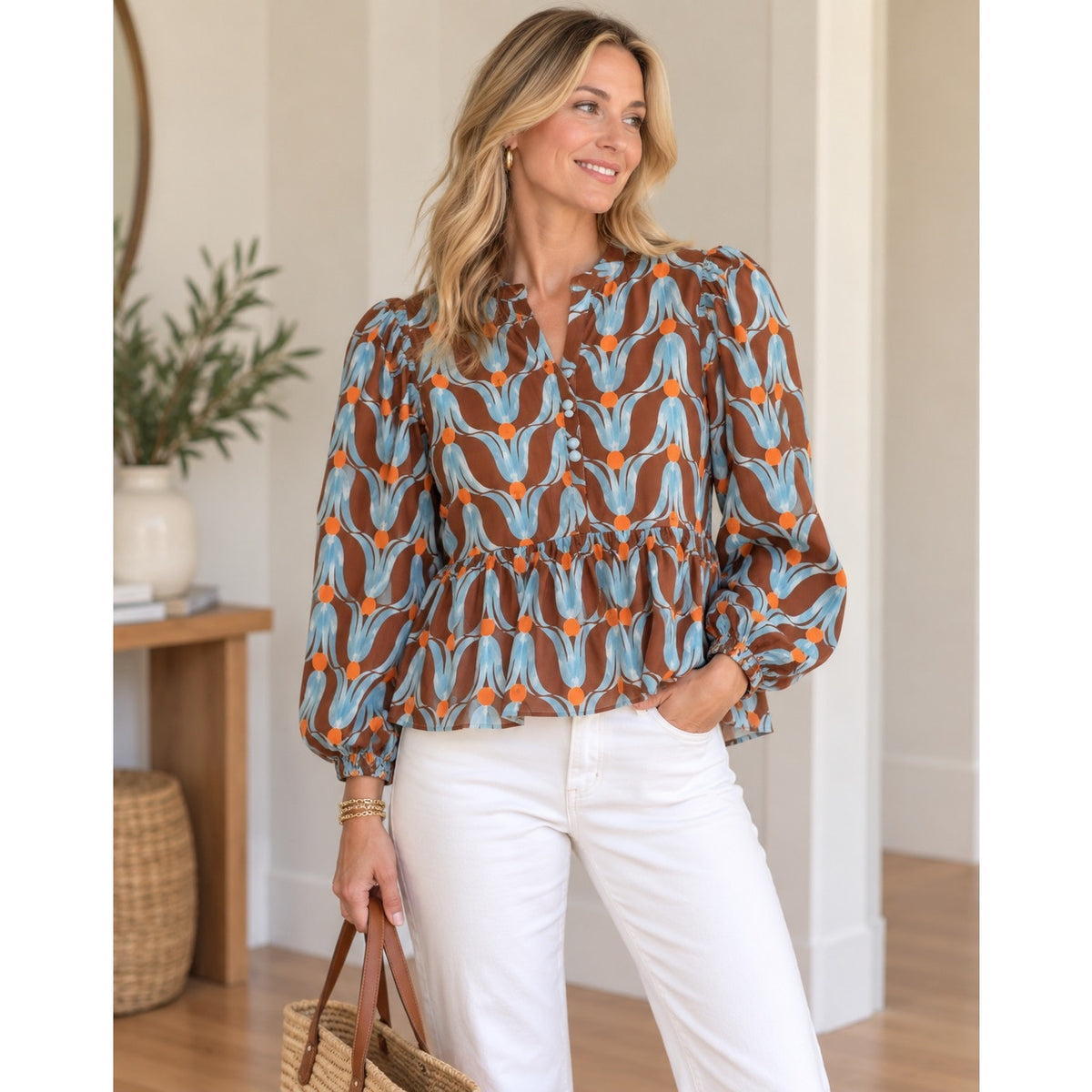 Oliphant Blue and Orange Floral Puff Sleeve Peplum Top XS