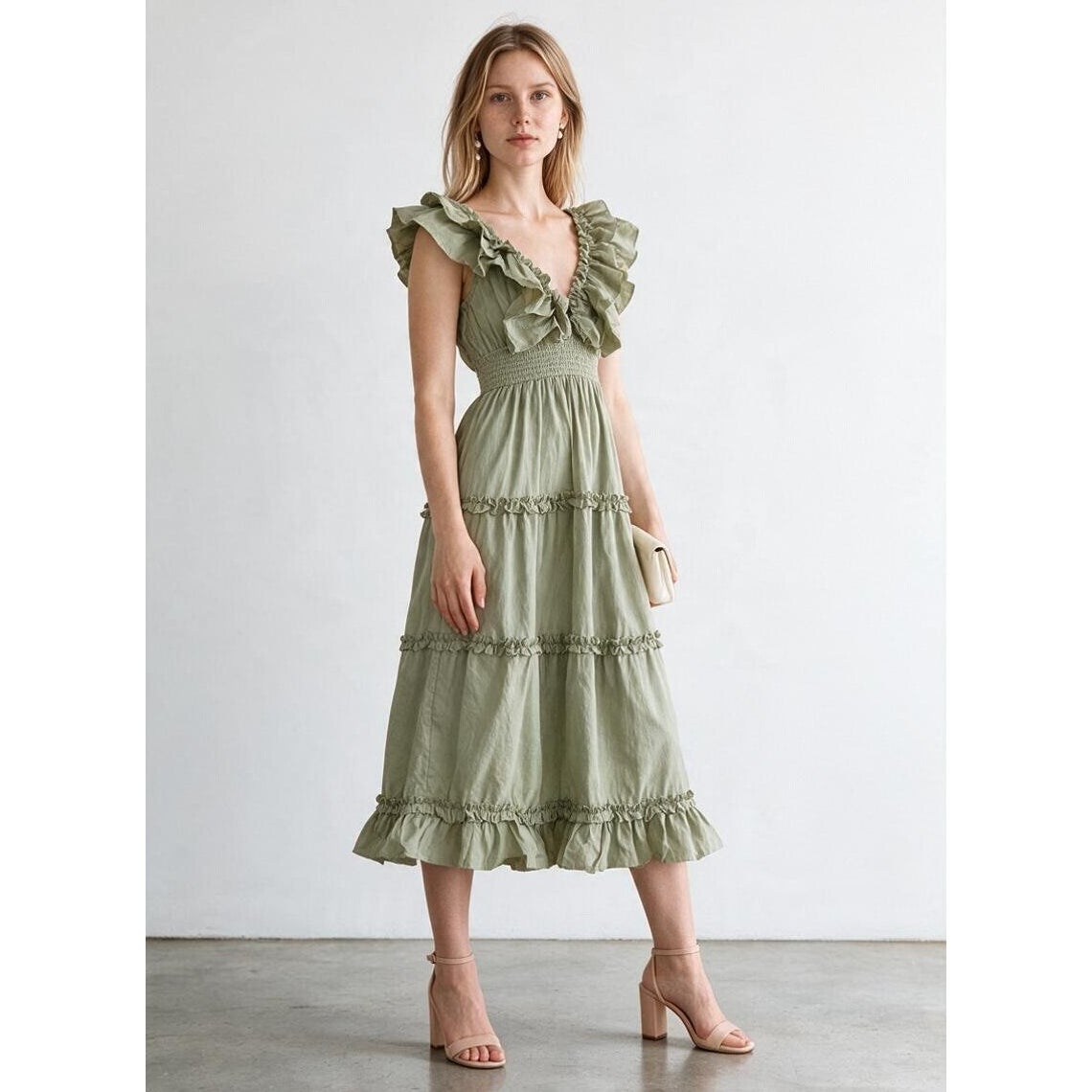 En Saison Sage Green Ruffled Tiered Cotton Maxi Dress M