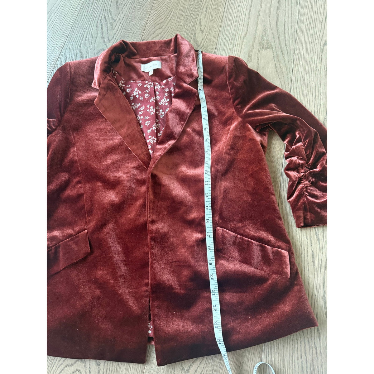 Skies Are Blue Rust Red Velvet Blazer 3/4 length sleeve with Floral Lining M