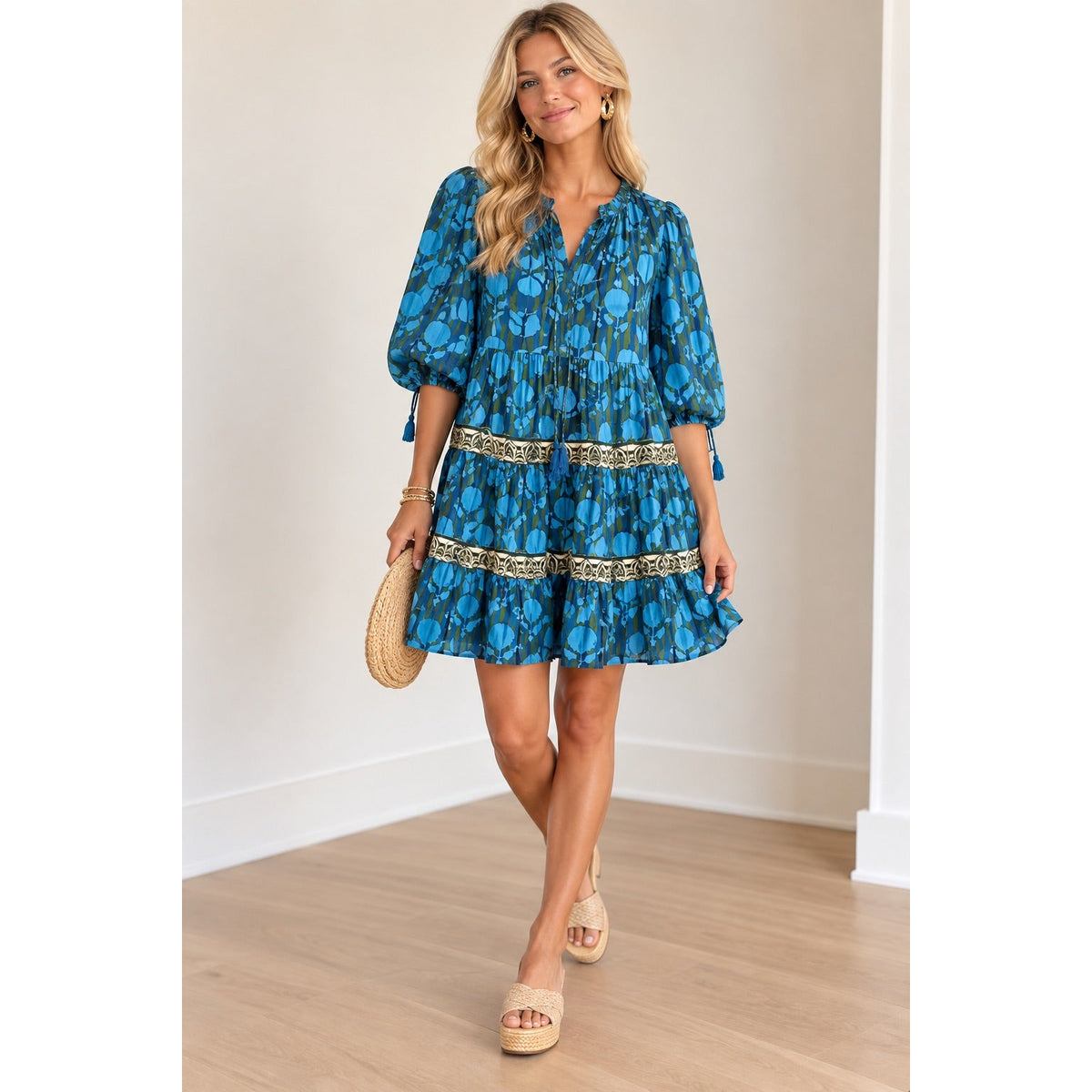 Oliphant Blue & Green Printed Tiered Mini Dress L
