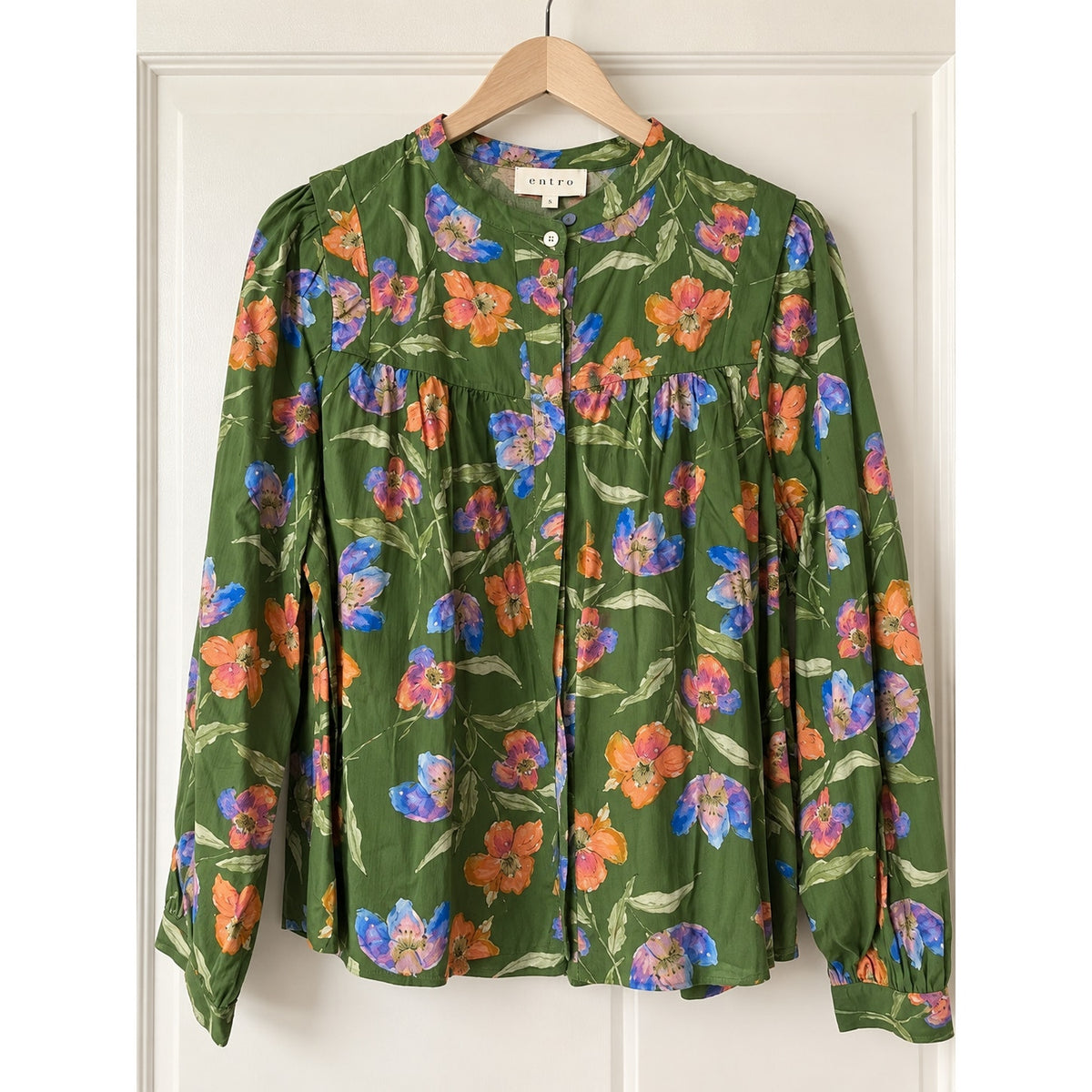 Entro Brand Floral Print Long Sleeve Green Maxi Dress S