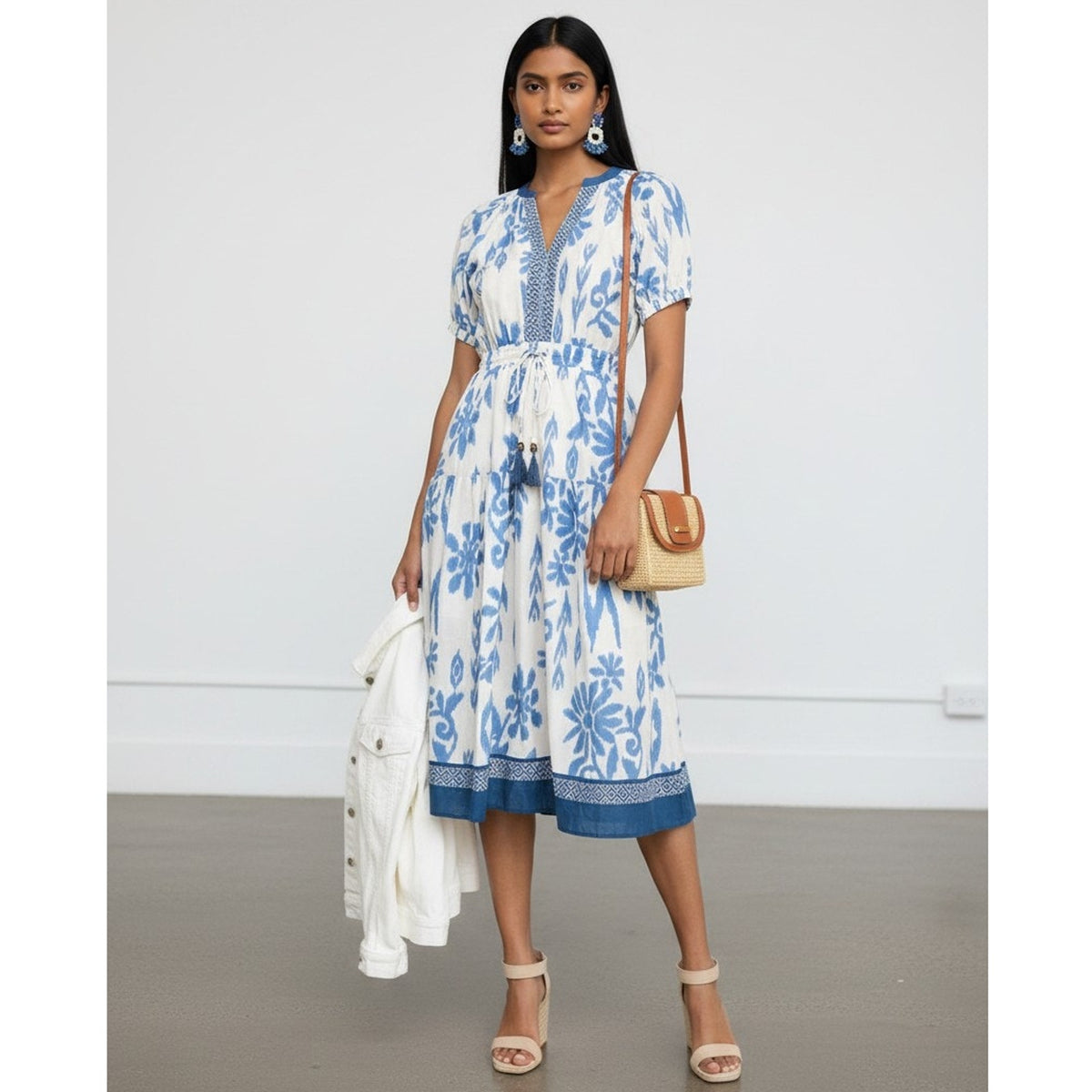 Pinch Coastal Comfort Blue White Floral Ikat Midi Dress Tassel Waist