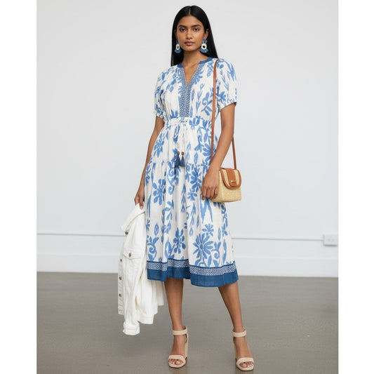 Pinch Coastal Comfort Blue White Floral Ikat Midi Dress Tassel Waist - Mindy's Boutique