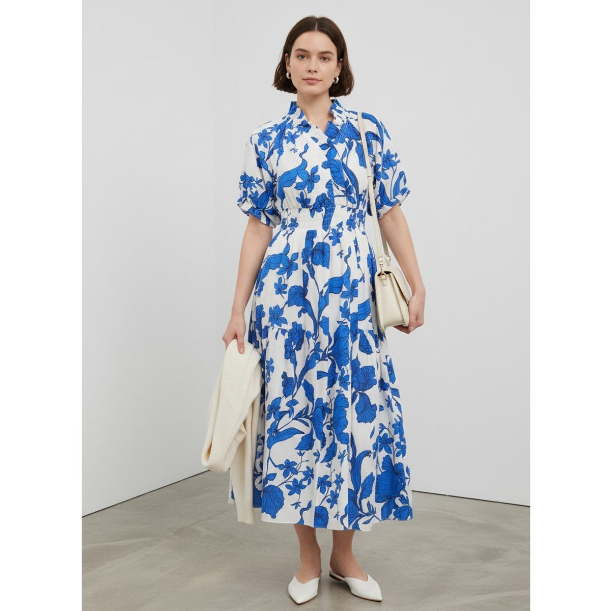 Stacey Dress Umgee Blue White Floral Smocked Midi V-Neck