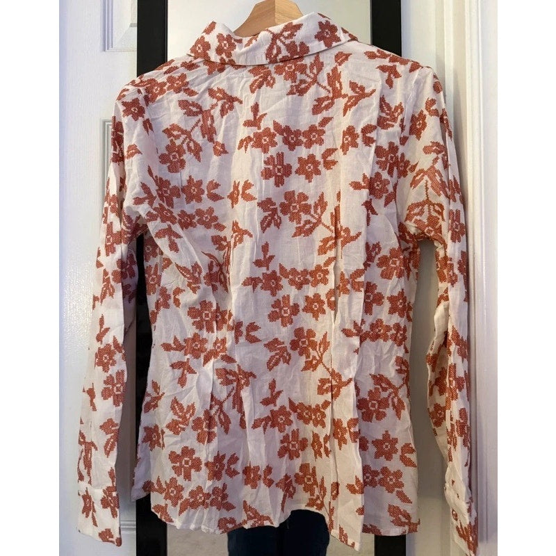 Ollari New York Structured Floral Button Down Shirt Blouse Rust Orange White M EUC
