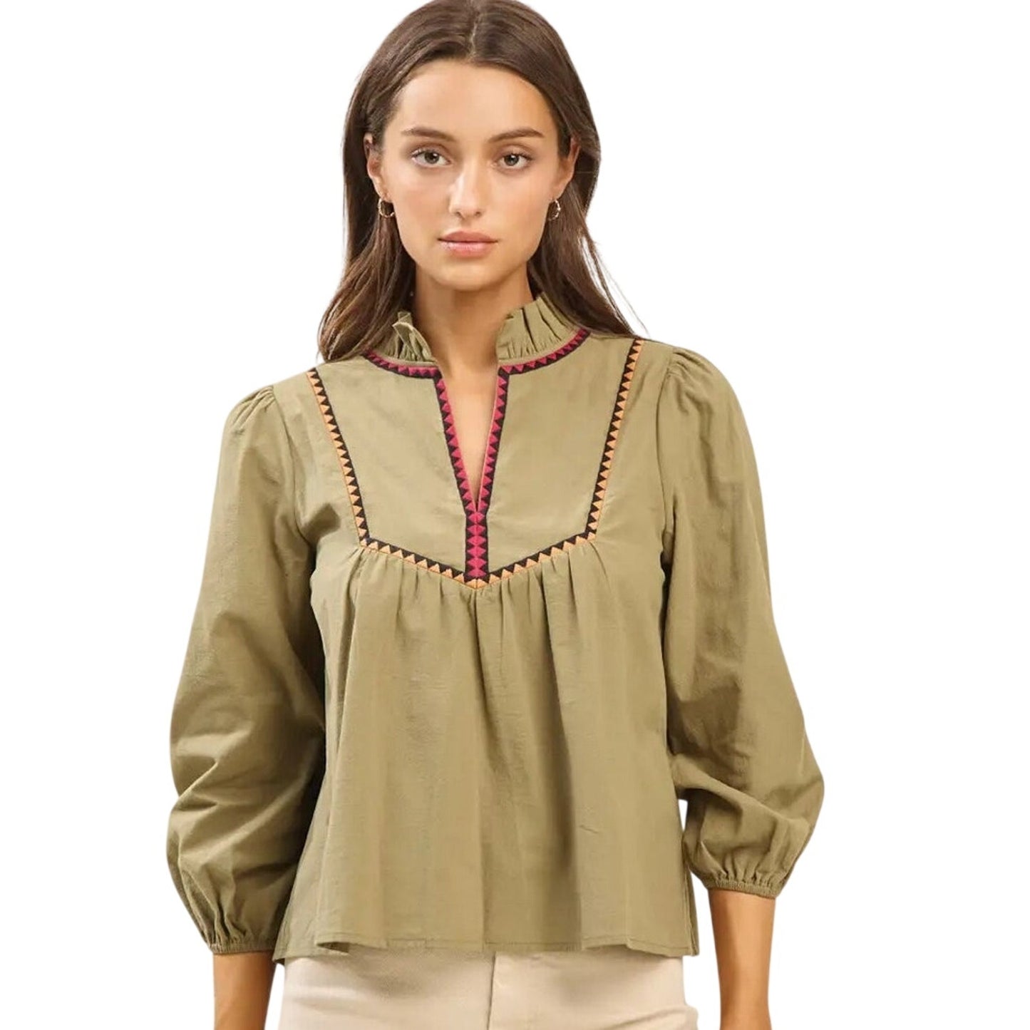 Bradley Top Able Olive Green Embroidered Cotton Blouse Medium Boho 3/4 Sleeve