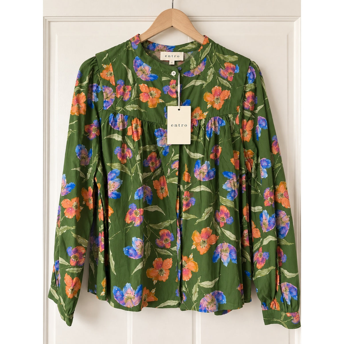 Entro Brand Floral Print Long Sleeve Green Maxi Dress S