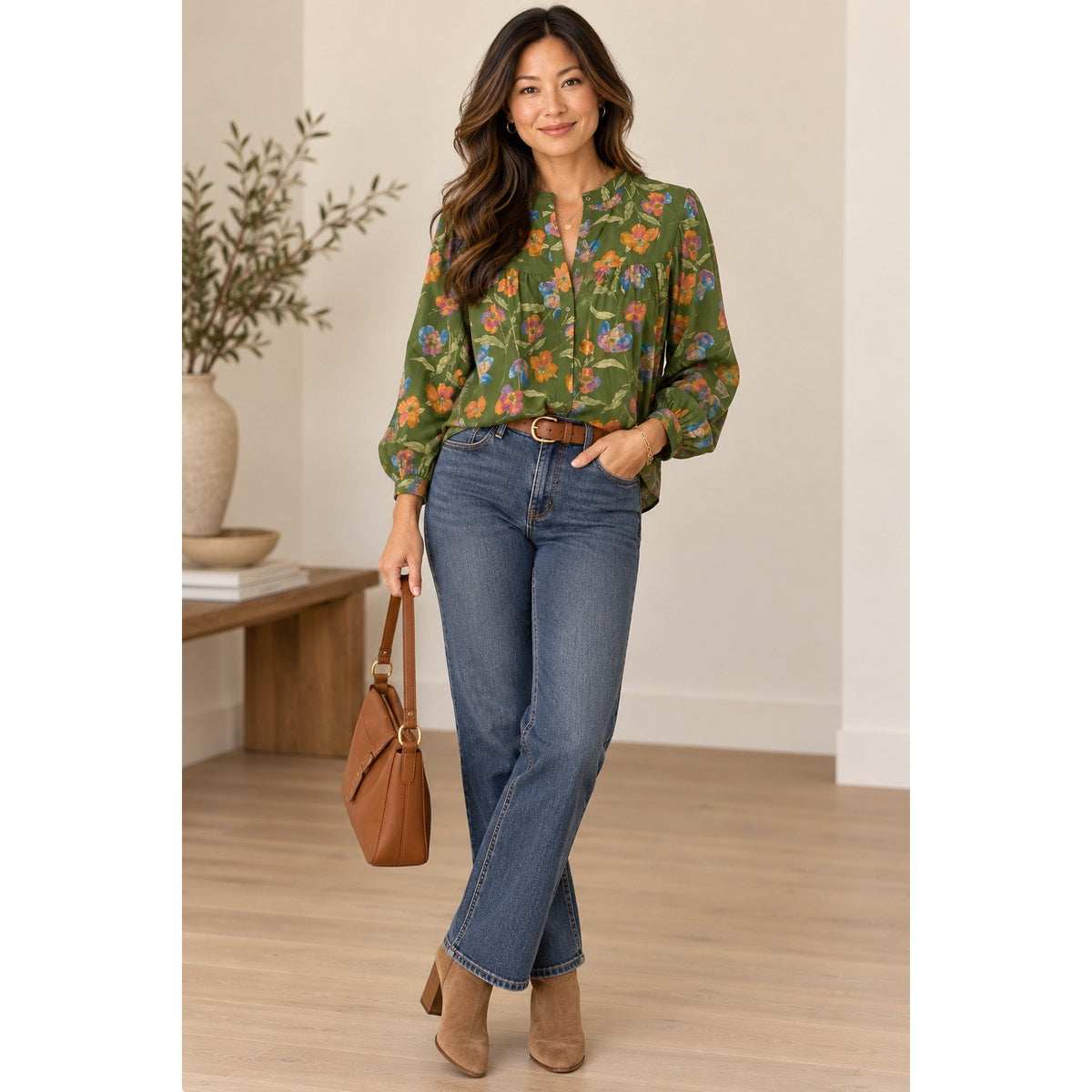 Entro Brand Floral Print Long Sleeve Green Maxi Dress S