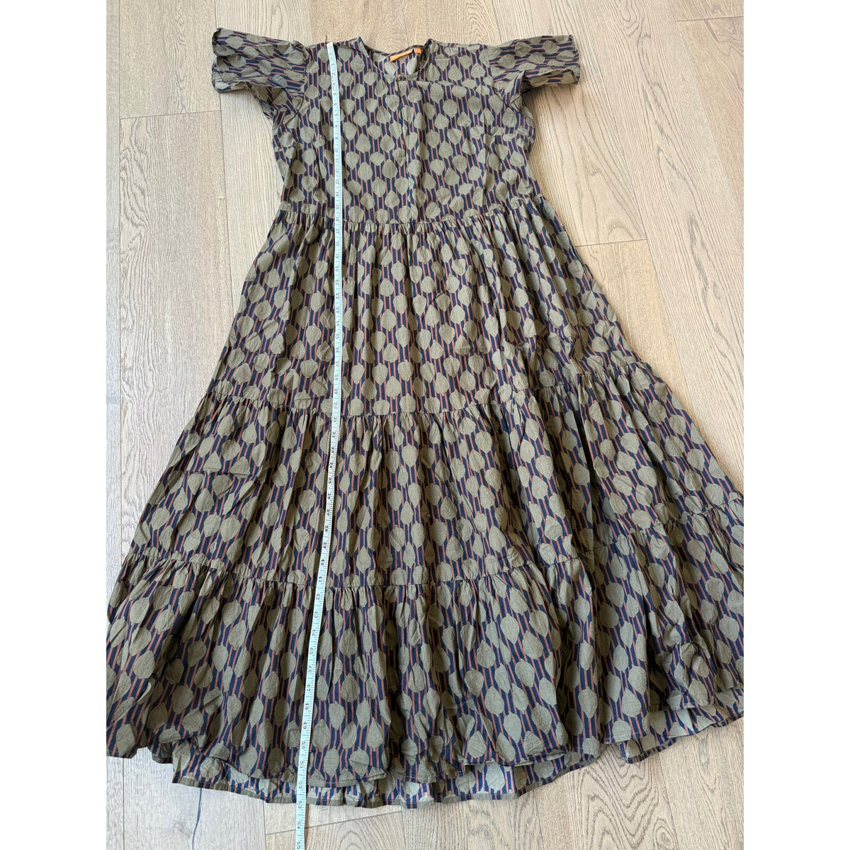 Oliphant Dipsy V-Neck Tiered Flutter Sleeve Maxi Dress Olive Green Geometric L