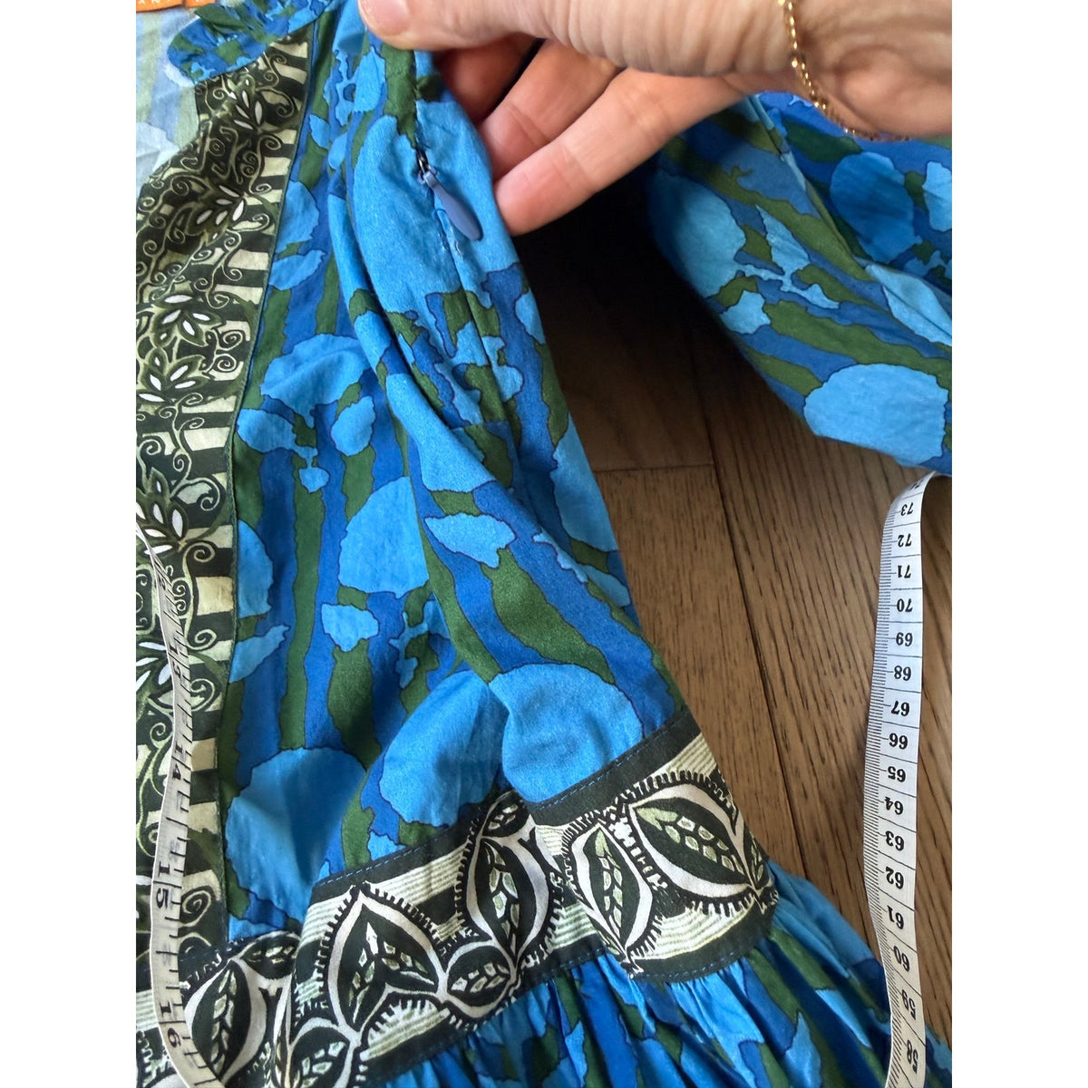 Oliphant Blue & Green Printed Tiered Mini Dress L
