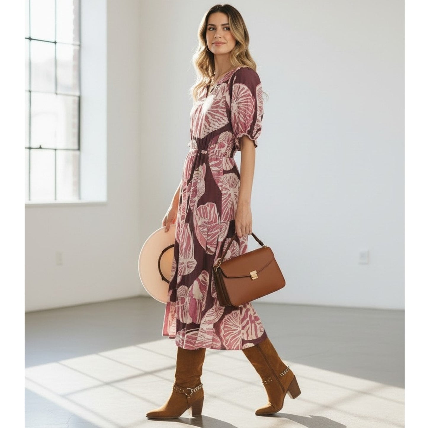 Umgee Plum Botanical Floral Midi Dress Smocked Waist Boho Fall