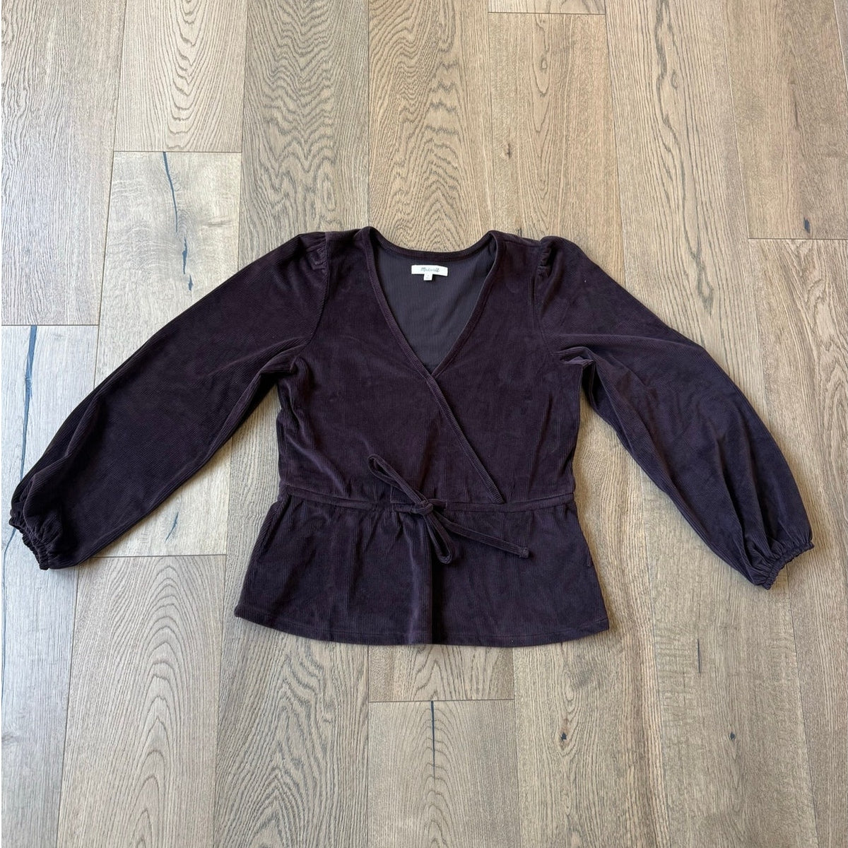 Madewell Corduroy Tie-Front Faux-Wrap Top in Dark Plum S