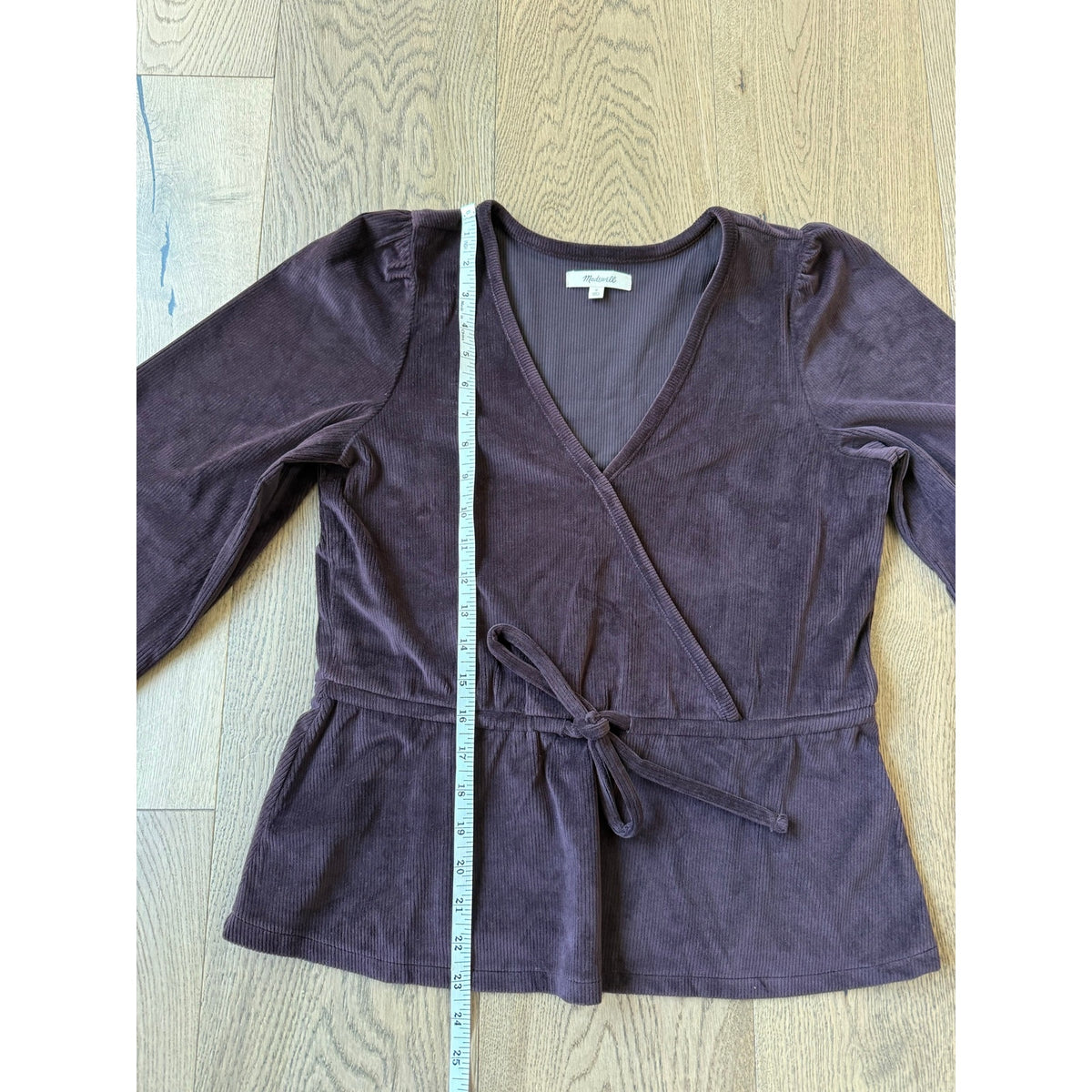Madewell Corduroy Tie-Front Faux-Wrap Top in Dark Plum S