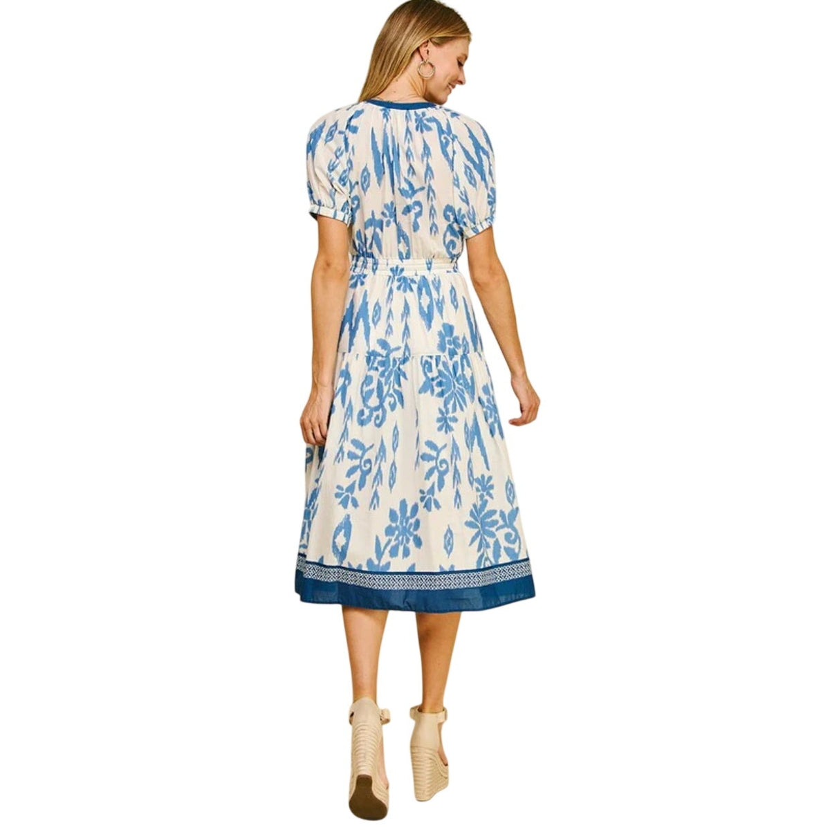 Pinch Coastal Comfort Blue White Floral Ikat Midi Dress Tassel Waist