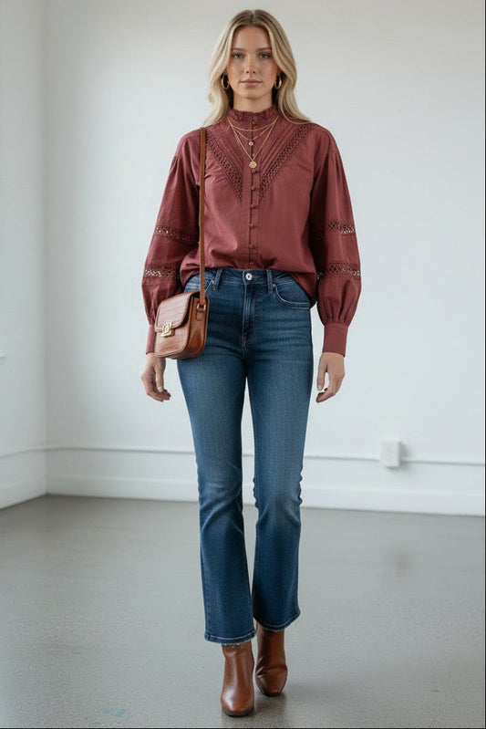 Erin Dusty Rose Lace Mock Neck Button Front Top - Mindy's Boutique