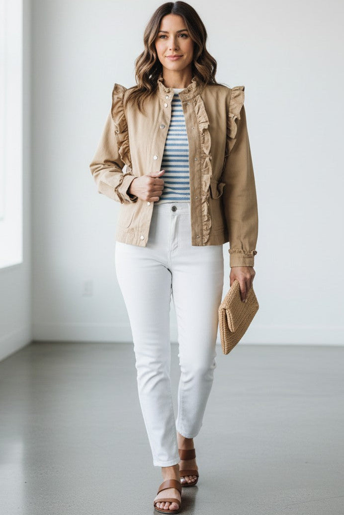 Maya Ruffle Accent Khaki Long Sleeve Jacket - Mindy's Boutique