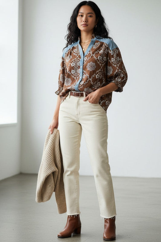 Gracelyn THML Southwestern Brown Chambray Button-Up Top - Mindy's Boutique