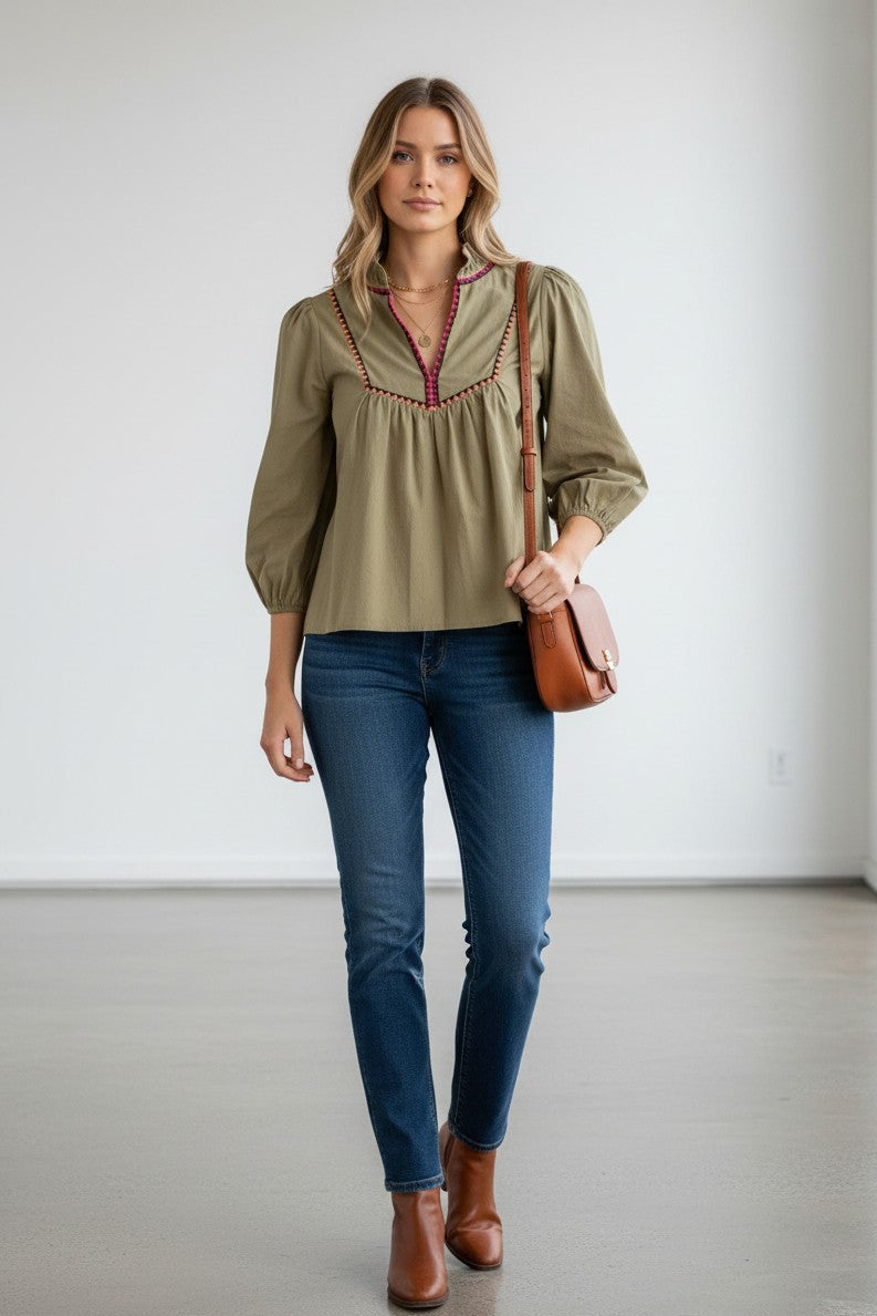 Bradley Top Able Olive Green Embroidered Cotton Blouse Medium Boho 3/4 Sleeve