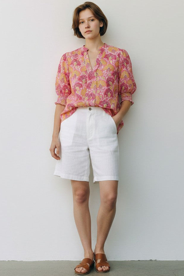 June Pink Floral V-Neck Blouse with Smocked Sleeves - Mindy's Boutique